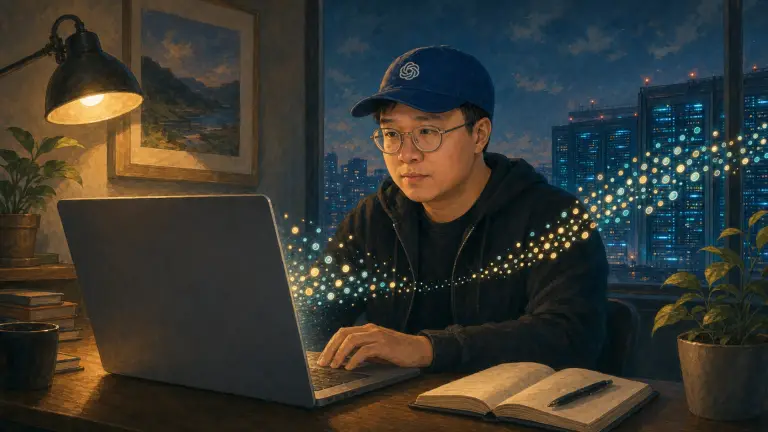 Illustration of Alex at a desk watching token-like lights flow from a laptop toward data-centre buildings
