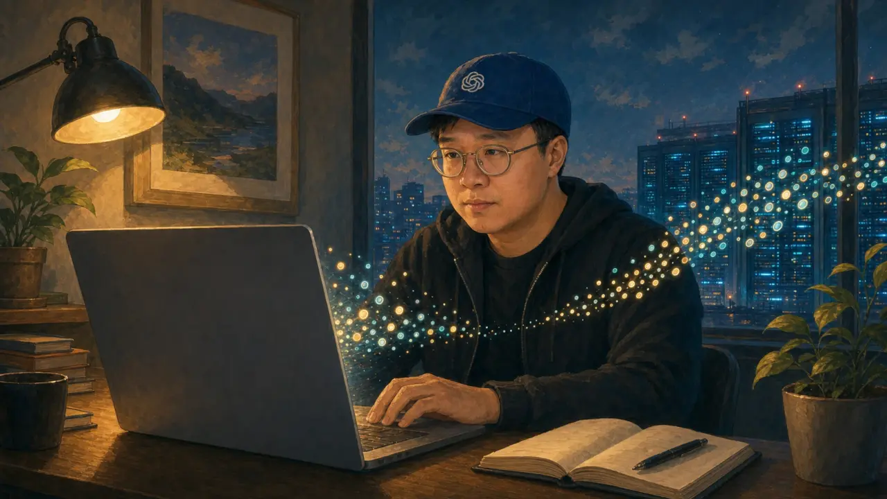 Illustration of Alex at a desk watching token-like lights flow from a laptop toward data-centre buildings
