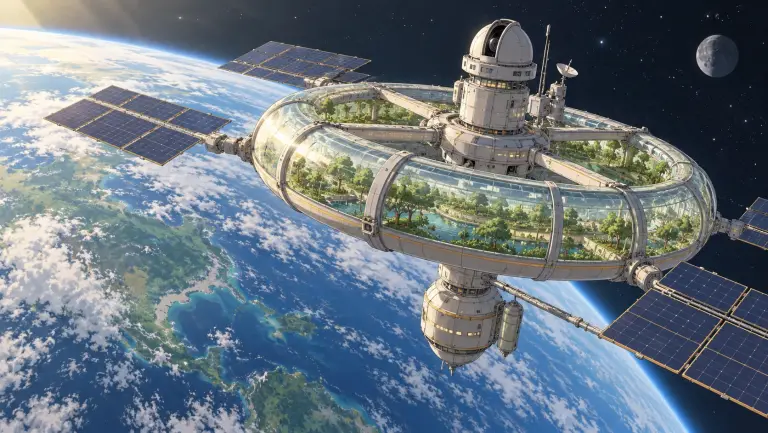 Illustration of a planted orbital habitat with solar panels and an observatory above Earth
