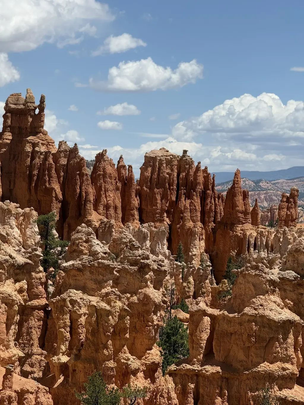 Close view of Bryce Canyon hoodoo columns with clouds behind them