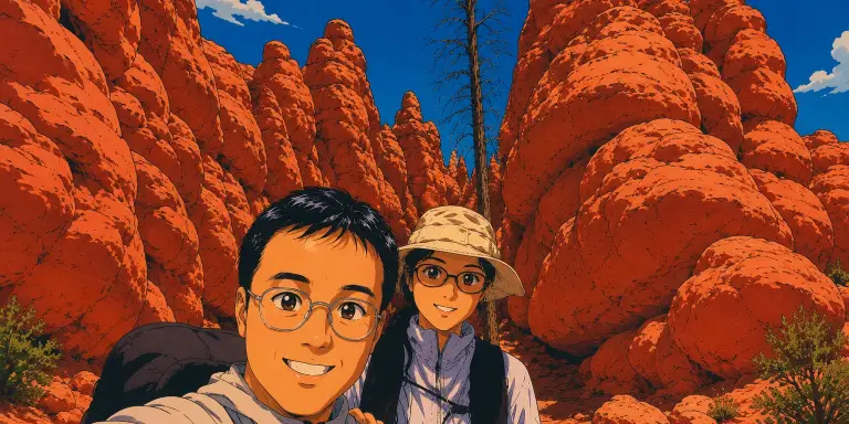 Illustration of Alex and a companion among red rock formations in southern Utah