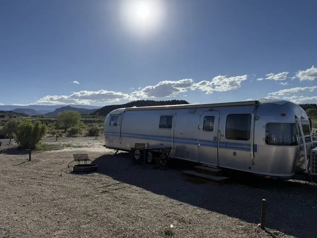 Airstream trailer at Ofland under a bright afternoon sky