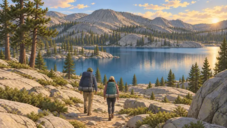 Illustration of Alex and his wife hiking toward an alpine lake in Desolation Wilderness