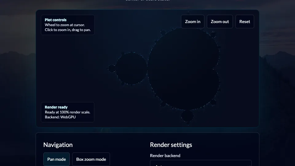 Screenshot of Mandelbrot Explorer plot controls and fractal view